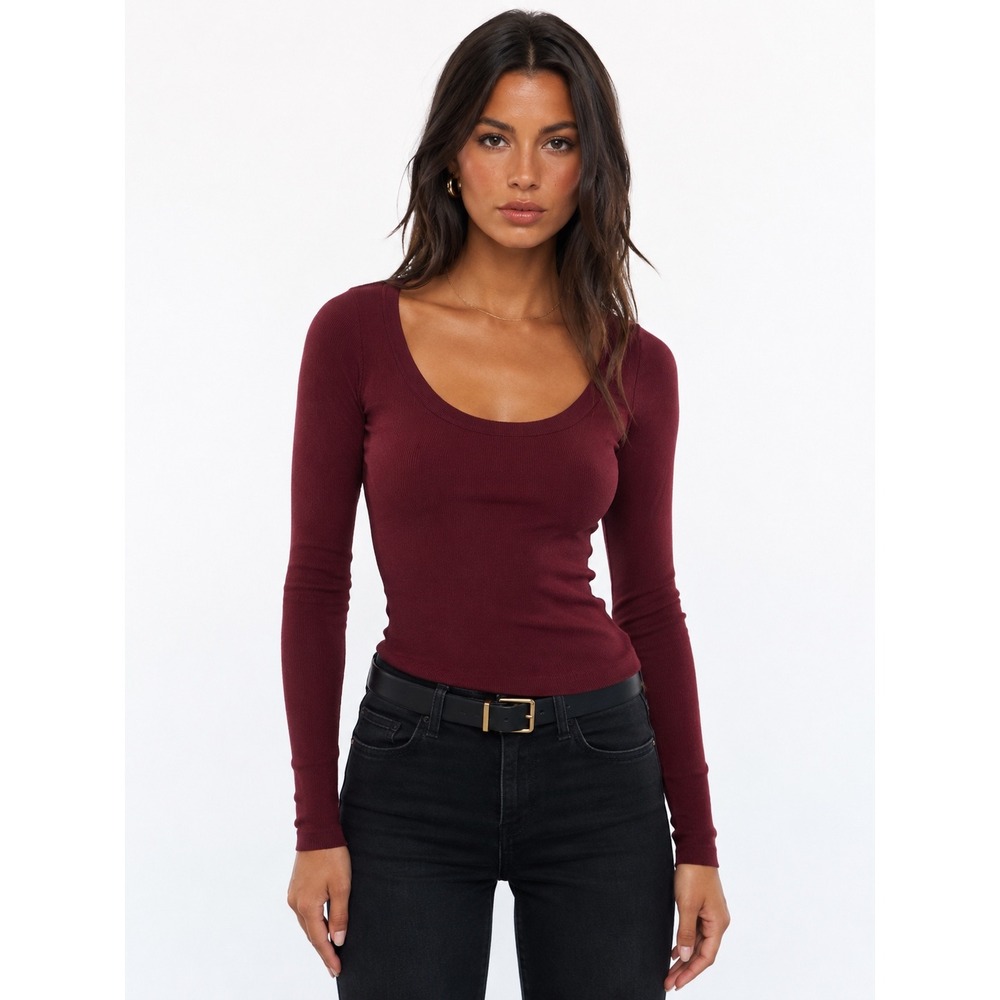 Zara Womens Small Burgundy‎ Ribbed Scoop Neck Long Sleeve Top Slim Fit Maroon S